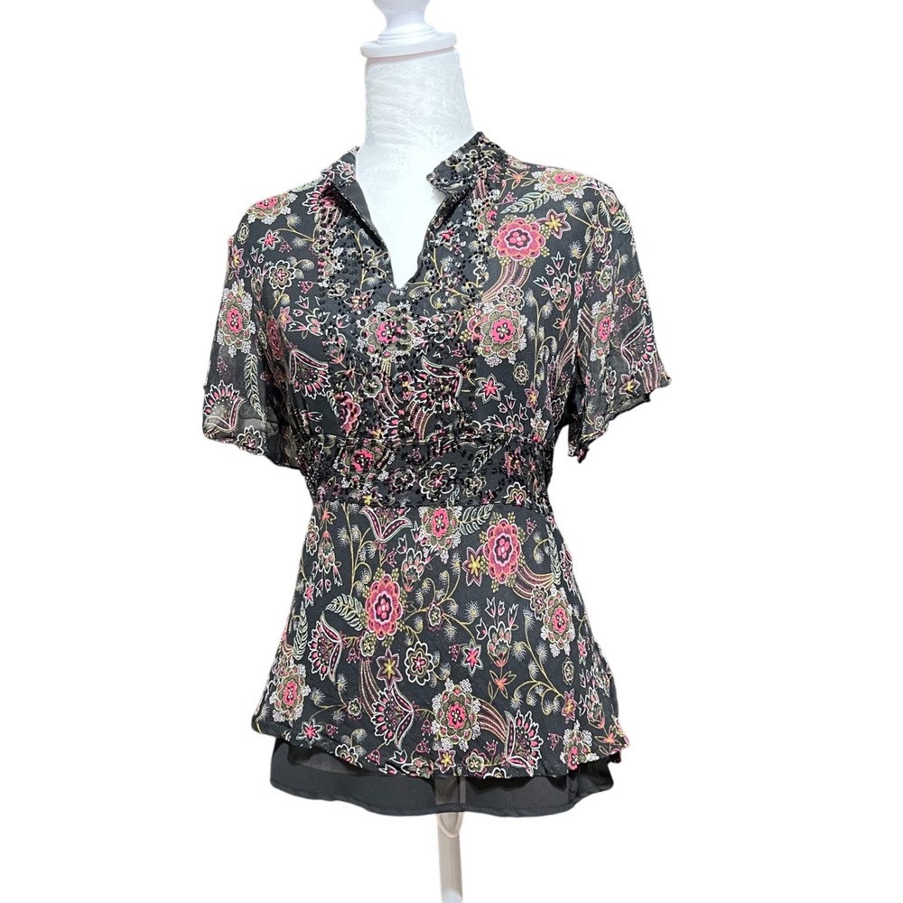 New York & Company Silk Babydoll Floral Paisley Beaded Peplum Blouse Boho Top XL - Picture 1 of 7